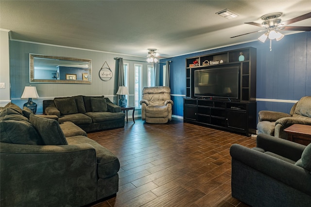 120 Sugar Ln, Lufkin, TX 75904 - living room with ceiling fan, visible vents, ornamental molding, a baseboard radiator, and dark wood-style flooring