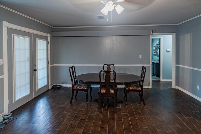 120 Sugar Ln, Lufkin, TX 75904 - dining area with crown molding, dark wood-style flooring, and french doors