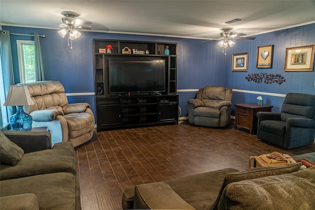 120 Sugar Ln, Lufkin, TX 75904 - living area with a ceiling fan, visible vents, dark wood-type flooring, and ornamental molding