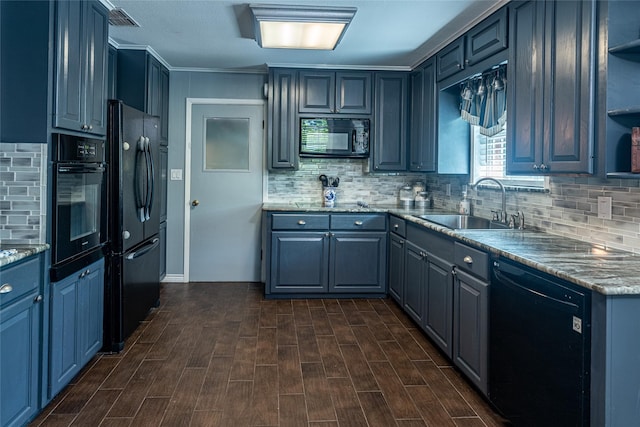 120 Sugar Ln, Lufkin, TX 75904 - kitchen featuring open shelves, decorative backsplash, a sink, and black appliances