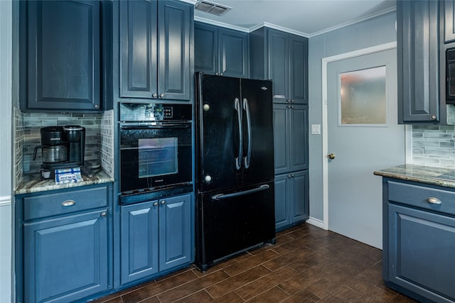 120 Sugar Ln, Lufkin, TX 75904 - kitchen featuring visible vents, blue cabinets, light stone countertops, black appliances, and tasteful backsplash