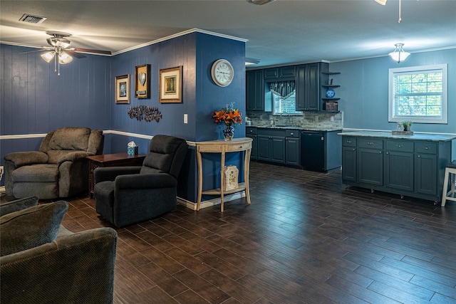 120 Sugar Ln, Lufkin, TX 75904 - living area with crown molding, visible vents, and a ceiling fan