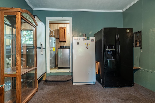 120 Sugar Ln, Lufkin, TX 75904 - kitchen with electric water heater, black fridge with ice dispenser, washer / clothes dryer, ornamental molding, and freestanding refrigerator