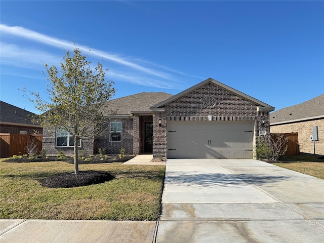 ranch-style house featuring a garage, brick siding, concrete driveway, and fence