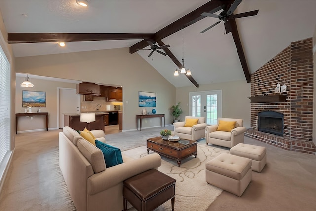 living area with ceiling fan with notable chandelier and light colored carpet