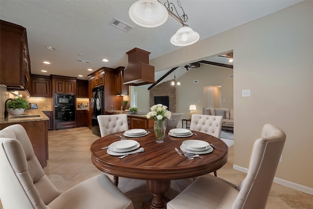 dining room with recessed lighting, vaulted ceiling, visible vents, and ceiling fan