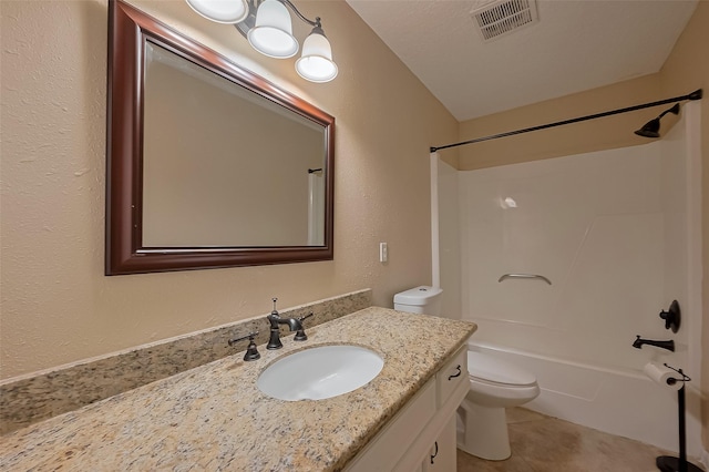full bathroom with tile patterned floors, vanity, toilet, shower / bathtub combination, and visible vents