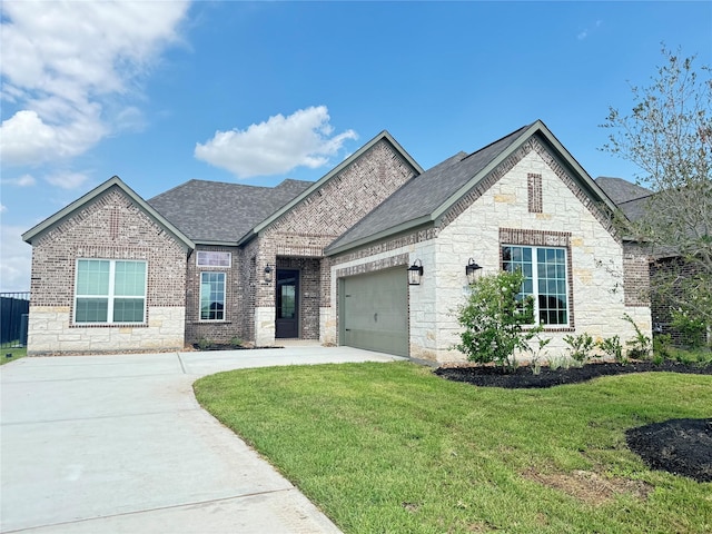french provincial home with a front lawn, an attached garage, brick siding, stone siding, and roof with shingles