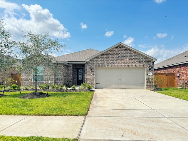 single story home with concrete driveway, an attached garage, fence, a front yard, and brick siding
