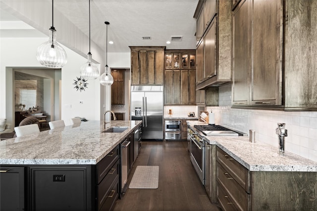 kitchen featuring tasteful backsplash, a large island with sink, dark wood finished floors, a sink, and premium appliances