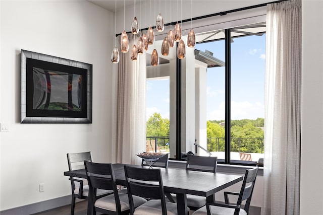 dining area with baseboards and wood finished floors
