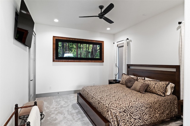bedroom with recessed lighting, carpet, ceiling fan, and baseboards