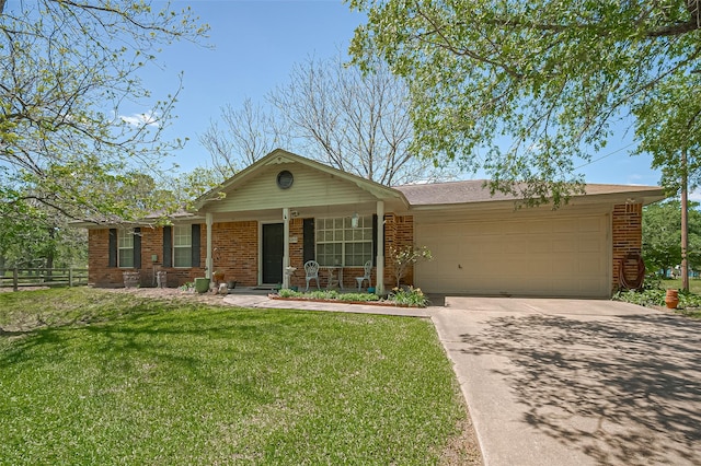 ranch-style home with driveway, a porch, a front yard, a garage, and brick siding