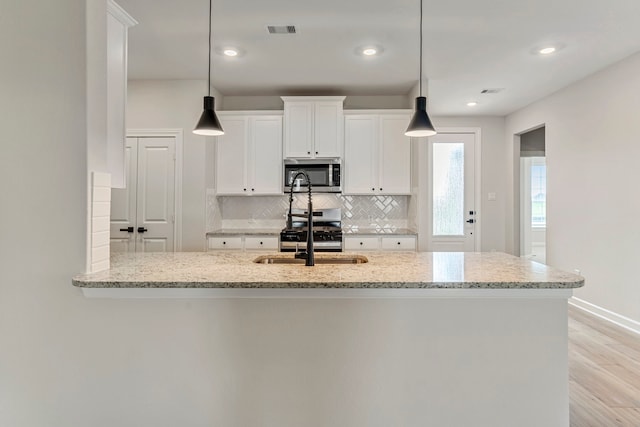 kitchen featuring tasteful backsplash, a sink, stainless steel appliances, light wood finished floors, and visible vents
