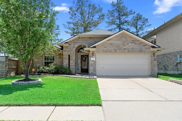 view of front of property featuring a front lawn, driveway, fence, a garage, and brick siding