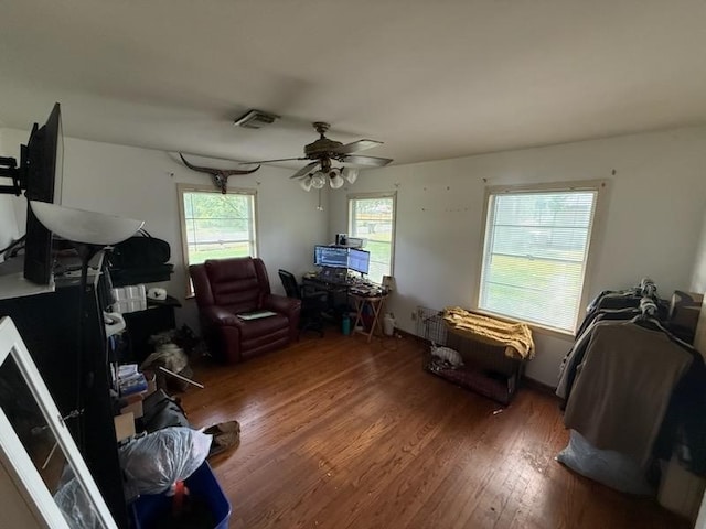 9341 Rosstown Way, Houston, TX 77080 - office area featuring wood finished floors and a ceiling fan