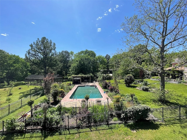 20105 Hilltop Ranch Dr, Montgomery, TX 77316 - view of pool with a gazebo, a fenced in pool, a fenced backyard, a yard, and a patio