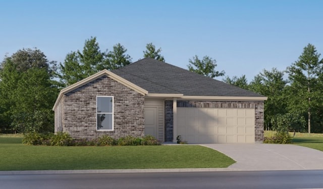 ranch-style house with concrete driveway, an attached garage, brick siding, and a front yard
