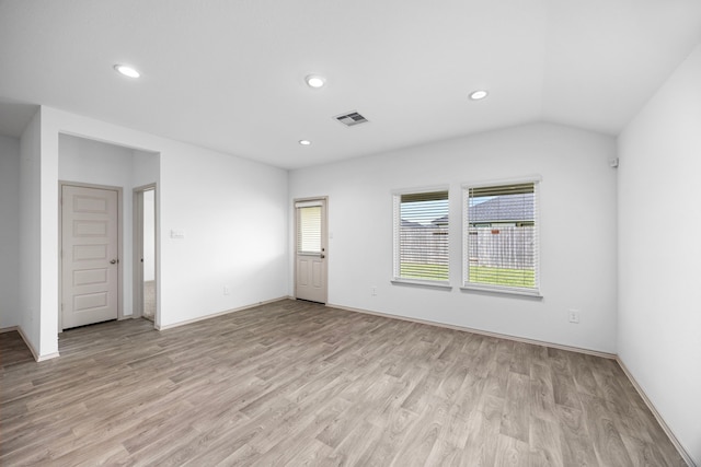 unfurnished living room with baseboards, recessed lighting, visible vents, and light wood-type flooring