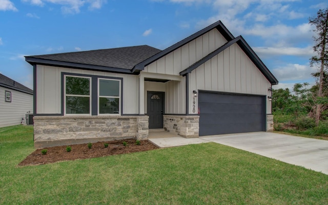 1920 1st St, Hempstead, TX 77445 - modern farmhouse style home with central AC unit, driveway, stone siding, an attached garage, and a front yard