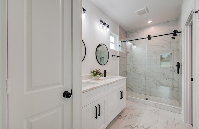 1920 1st St, Hempstead, TX 77445 - bathroom with double vanity, a stall shower, visible vents, recessed lighting, and marble finish floor