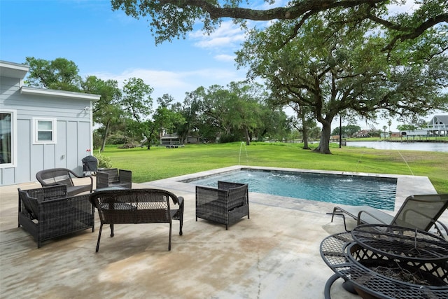 pool featuring an outdoor hangout area, a patio area, a lawn, and a water view