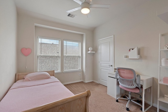 bedroom with light colored carpet, baseboards, a ceiling fan, and visible vents