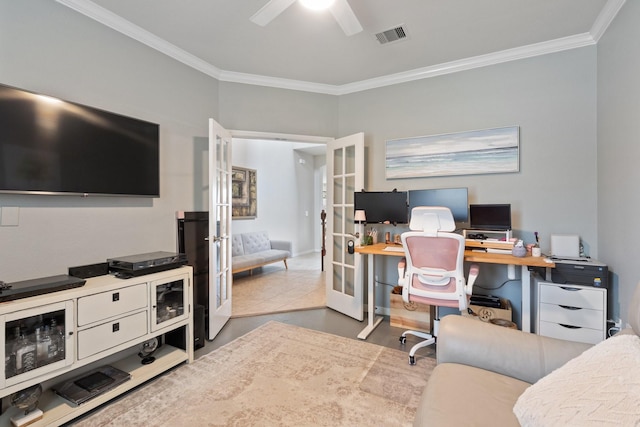 office featuring french doors, visible vents, a ceiling fan, and crown molding
