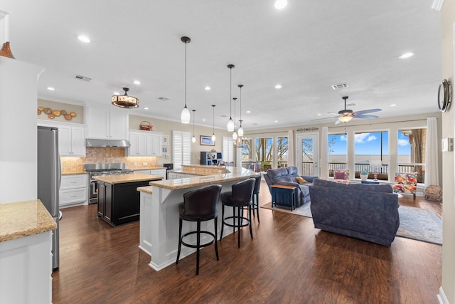 kitchen with dark wood finished floors, plenty of natural light, stainless steel appliances, visible vents, and a spacious island