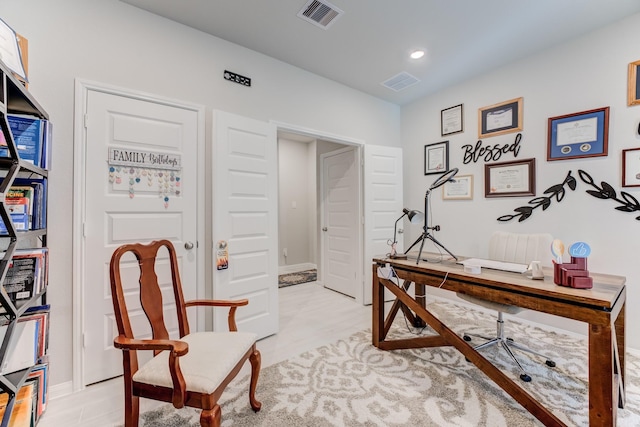 office area featuring baseboards, visible vents, and recessed lighting