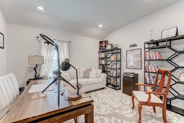 home office featuring vaulted ceiling and recessed lighting