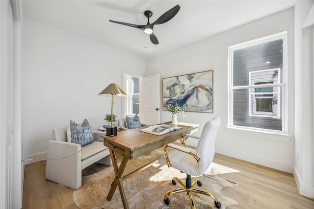 office space featuring ceiling fan, baseboards, and light wood-type flooring