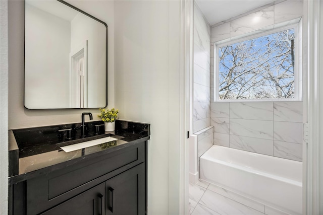 bathroom featuring vanity and marble finish floor