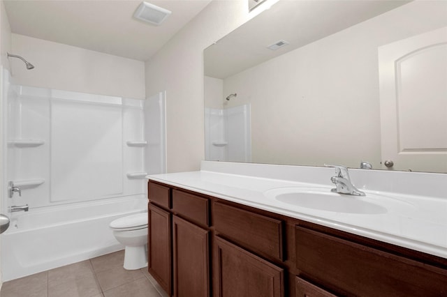 bathroom featuring tile patterned floors, vanity, shower / tub combination, toilet, and visible vents
