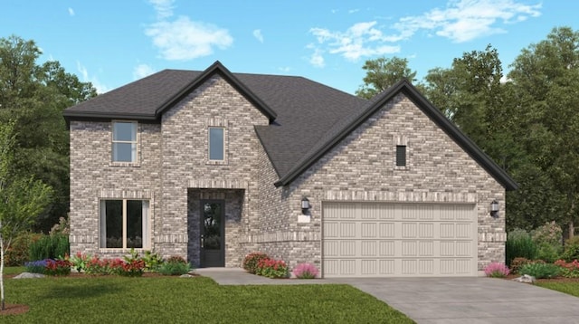 view of front of property featuring brick siding, an attached garage, driveway, and a front yard