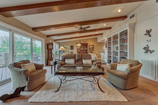 11831 Thoreau Dr, Montgomery, TX 77356 - living area with ceiling fan, beamed ceiling, carpet, visible vents, and recessed lighting