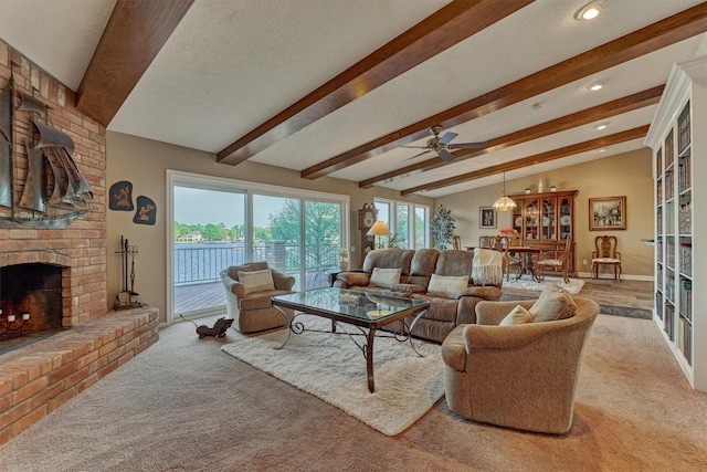 11831 Thoreau Dr, Montgomery, TX 77356 - living room featuring baseboards, carpet, recessed lighting, a ceiling fan, and a brick fireplace