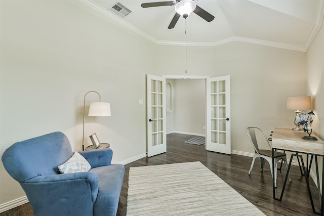 3754 Paladera Place Ct, Spring, TX 77386 - office space with french doors, dark wood finished floors, visible vents, baseboards, and ceiling fan