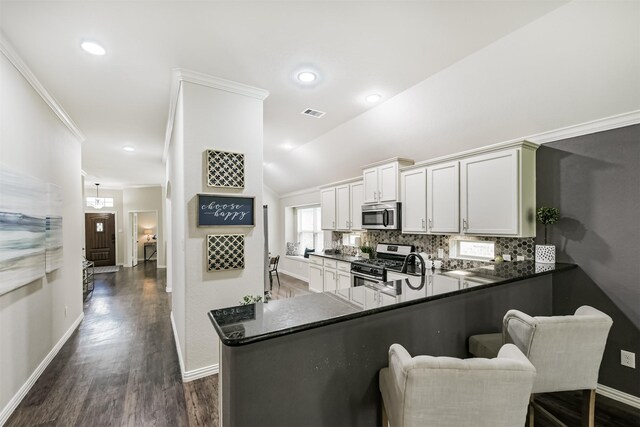 3754 Paladera Place Ct, Spring, TX 77386 - kitchen with baseboards, dark countertops, stainless steel appliances, and decorative backsplash