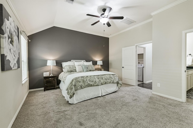 3754 Paladera Place Ct, Spring, TX 77386 - bedroom with washer / dryer, ornamental molding, visible vents, carpet floors, and baseboards