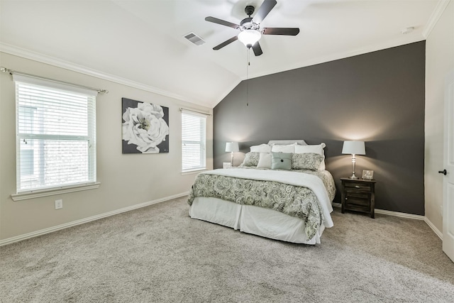 3754 Paladera Place Ct, Spring, TX 77386 - bedroom featuring vaulted ceiling, crown molding, carpet flooring, and visible vents