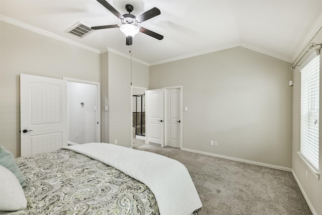 3754 Paladera Place Ct, Spring, TX 77386 - bedroom with baseboards, carpet flooring, visible vents, crown molding, and vaulted ceiling