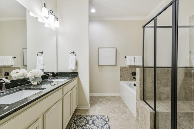 3754 Paladera Place Ct, Spring, TX 77386 - bathroom with a sink, a stall shower, ornamental molding, and a garden tub