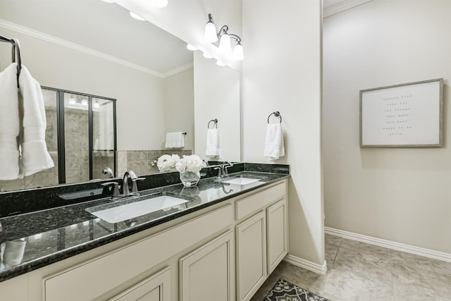 3754 Paladera Place Ct, Spring, TX 77386 - bathroom with double vanity, tiled shower, ornamental molding, and a sink