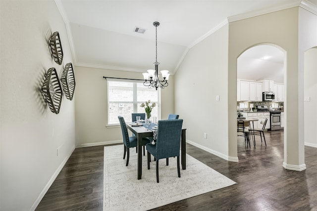 3754 Paladera Place Ct, Spring, TX 77386 - dining room with lofted ceiling, a notable chandelier, visible vents, crown molding, and arched walkways