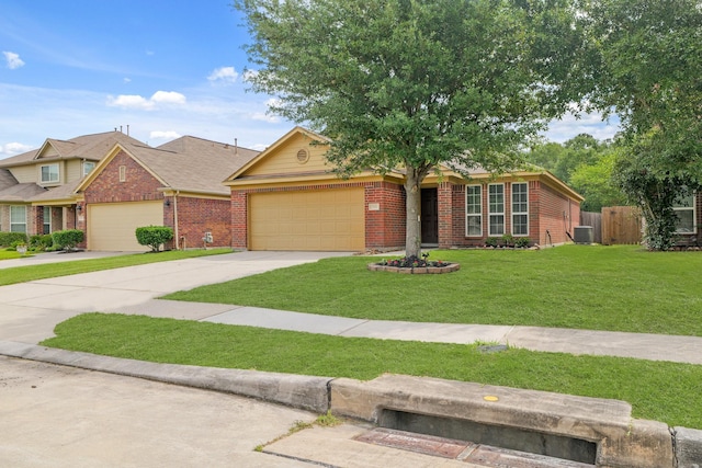view of front of property with brick siding, an attached garage, driveway, and a front yard