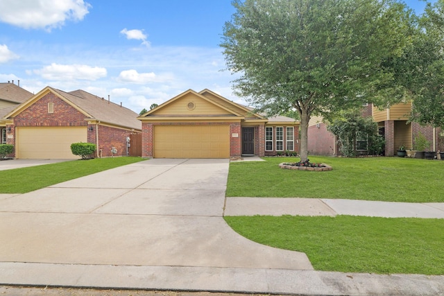 ranch-style home with a garage, concrete driveway, a front yard, and brick siding