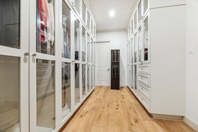 spacious closet featuring light wood finished floors and french doors