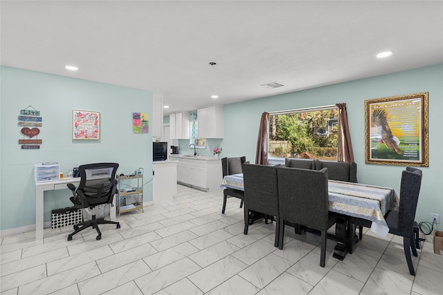 dining area with recessed lighting, visible vents, and marble finish floor