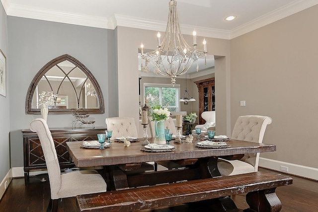 75 Colonial Row Dr, The Woodlands, TX 77380 - dining space with wood finished floors, a chandelier, baseboards, ornamental molding, and recessed lighting